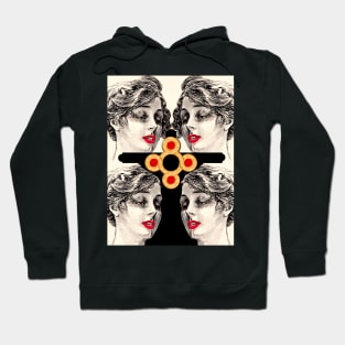 Black cross and woman with golden earring and red lips Hoodie